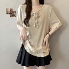 批发大码<b class='q'>夏</b>季胖MM设计感V领荷叶边系带短袖打底衫女气质遮肉显瘦上衣