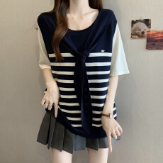 批发超火减龄学院风针织短袖t恤女<b class='q'>夏</b>季假两件小披肩条纹马甲冰丝上衣