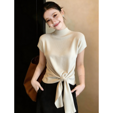 批发韩国<b class='q'>夏</b>季大码半高领绑带短袖女冰丝针织气质修身显瘦别致漂亮上衣