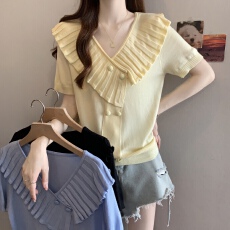 批发荷叶边v领毛衣女设计感小众超好看<b class='q'>夏</b>装针织衫上衣