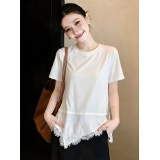 批发不规则蕾丝拼接短袖T恤女2026<b class='q'>夏</b>季大码胖mm宽松遮肚子设计感上衣