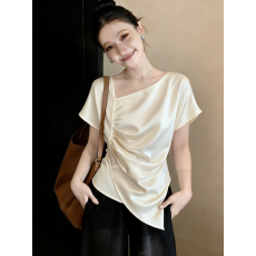 批发高级感醋酸<b class='q'>缎面</b>正肩短袖衬衫女2026年夏季新款大码胖mm不规则上衣