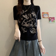 批发大码胖MM2026超火刺绣短袖针织衫女<b class='q'>春</b>夏新款圆领套头修身减龄上衣