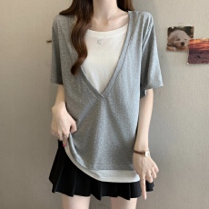 批发码女装通勤风假两件短袖T恤夏胖MMV领撞色显瘦百搭气质上衣