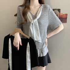 波点蝴蝶结系带V领T恤女2026夏季新款时尚休闲正肩短袖上衣