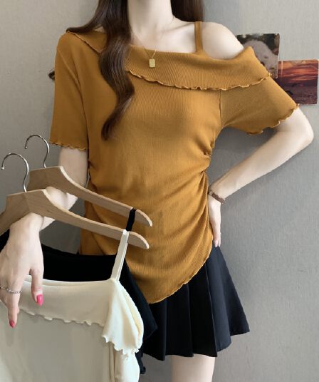 빛 요리 한 바람 비스듬한 어깨 프릴 반팔 티셔츠 여자 허리 수축 주름 슬림해 보이는 오프숄더 품격 다용도 맨위 여름