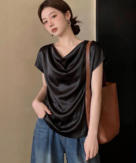 흔들다 칼라 Feifei 반팔 여성 셔츠 여름 2026 새로운 빅 사이즈 지방 mm 슬림해 보이는 고급 센스 새틴 만나는 맨위