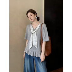 批发波点蝴蝶结系带V领T恤女2026夏季新款时尚休闲正肩短袖上衣