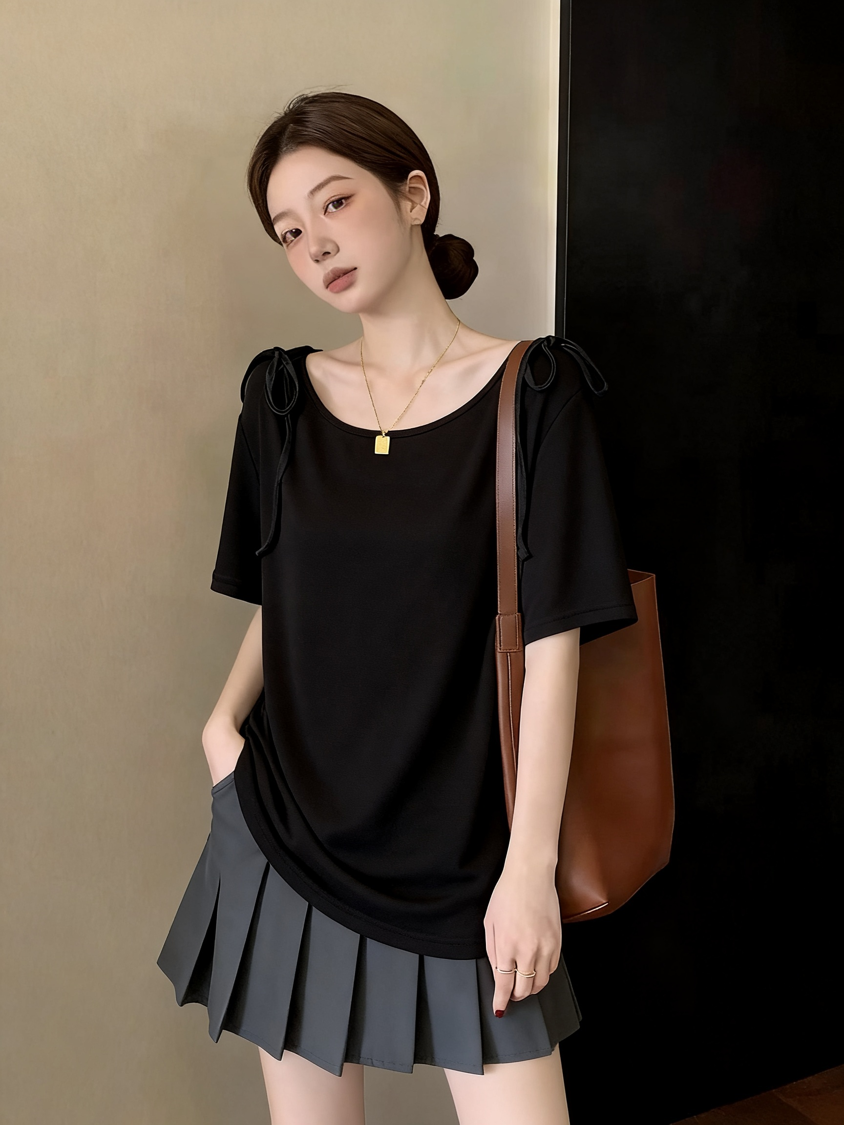 나비 넥타이 마이크로 오프숄더 보트넥 나팔 소매 허리 수축 품격 반팔 티셔츠 여성