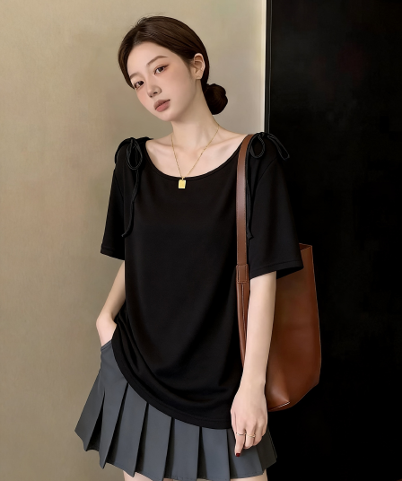 나비 넥타이 마이크로 오프숄더 보트넥 나팔 소매 허리 수축 품격 반팔 티셔츠 여성