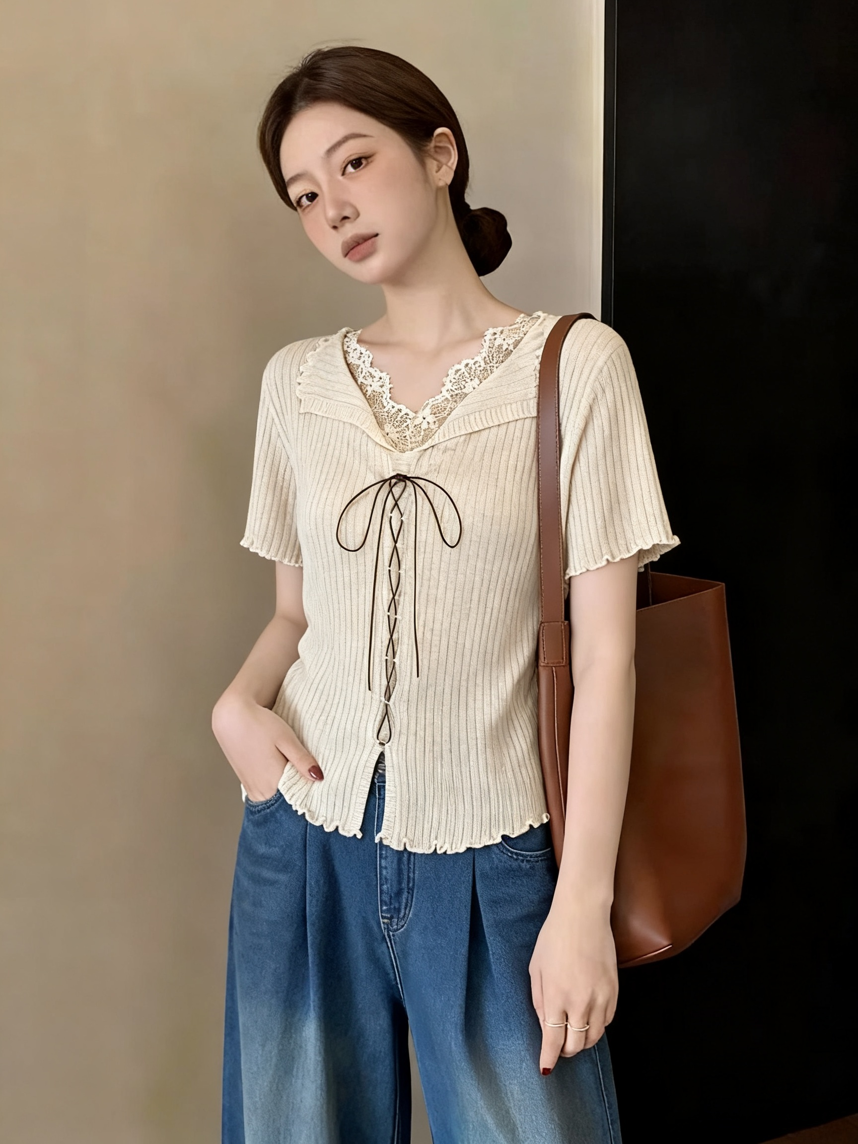 레이스 측면 V넥 긍정적 인 어깨 반팔 티셔츠 여성 2026 여름 새로운 작은 셔츠 빅 사이즈 지방 mm 슈퍼 잘 생긴 맨위
