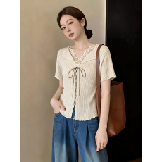 批发蕾丝边V领正肩短袖T恤女2026<b class='q'>夏</b>新款小衫大码胖mm超好看上衣