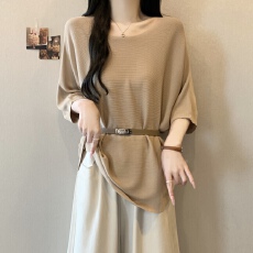 批发高级感蝙蝠袖冰丝针织衫2026夏季新款大码女装胖MM宽松慵懒风上衣