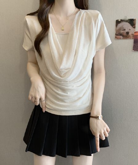 페이크 레이어드 흔들다 칼라 망사 티셔츠 여성 여름 몸매 가꾸기 긍정적 인 어깨 반팔 맨위 몸매 가꾸기 품격 쇼트 스타일