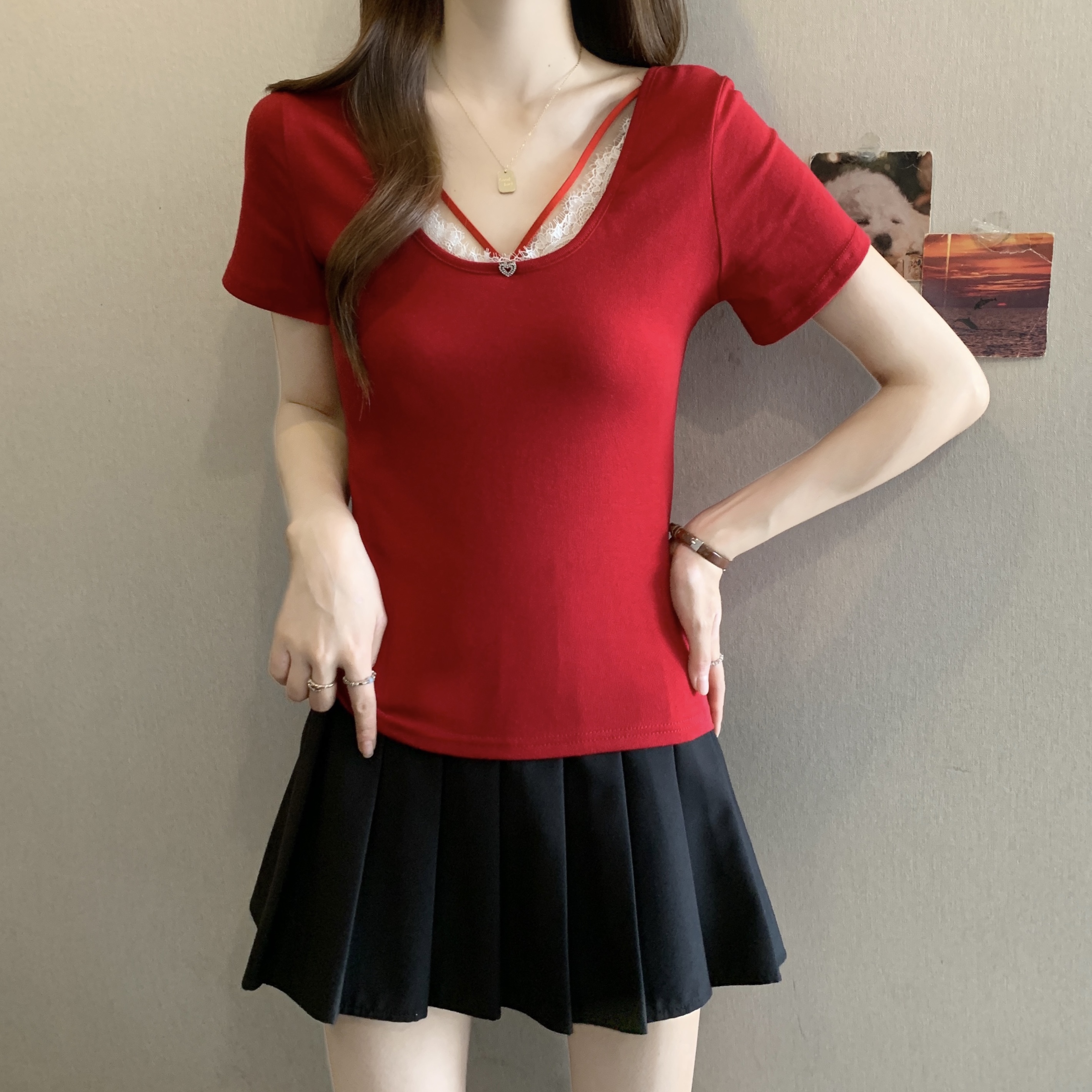 순수한 욕망 한여름 디자인 센스 십자가 레이스 백리스 반팔