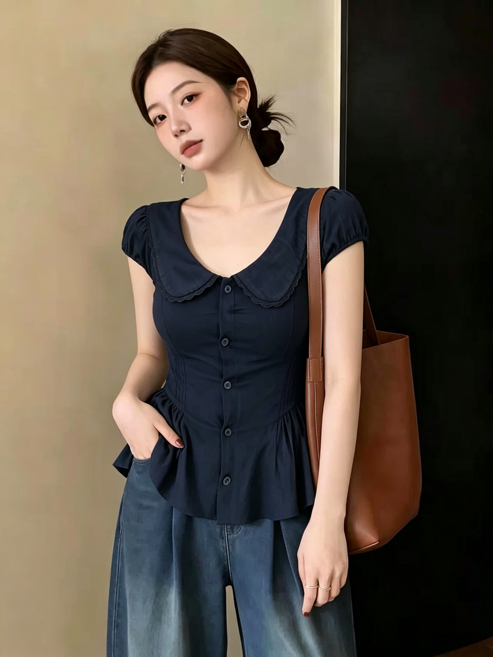 해군 베이비 칼라 레이스 셔츠 반팔 여성 여름 마이크로 지방 mm 빅 사이즈 허리 수축 슬림해 보이는 연령 감소 품격 맨위