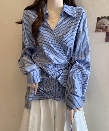 파란색 십자가 V넥 스트라이프 긴팔 여성 셔츠 봄 가을 빅 사이즈 지방 mm 슬림해 보이는 디자인 센스 레이스업 허리 수축 맨위