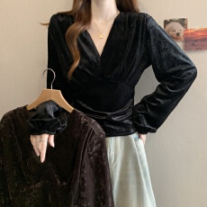 批发2026年新款温柔风韩系气质丝绒V领衬衫女独特别致超好看上衣
