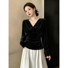 批发大码女装V领长袖T恤女修身显瘦御姐2026春秋新款设计感褶皱上衣