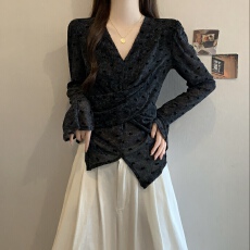 批发独特别致薄款网纱波点长袖T恤2026<b class='q'>夏</b>季新款大码女装胖mm遮肚上衣