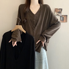 批发假两件v领长袖针织开衫女秋<b class='q'>冬</b>秋季修身内搭打底毛衣外套上衣