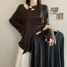 批发<b class='q'>大码</b>女装微胖mm显瘦春秋气质减龄长袖针织衫黑色T恤上衣