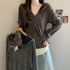 批发银河光谱 韩系修身连帽卫衣秋季条纹长袖休闲上衣女