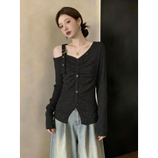 批发大码女装高级感一字肩斜肩<b class='q'>t</b><b class='q'>恤</b>女胖mm巨好看露肩单肩短款长袖上衣