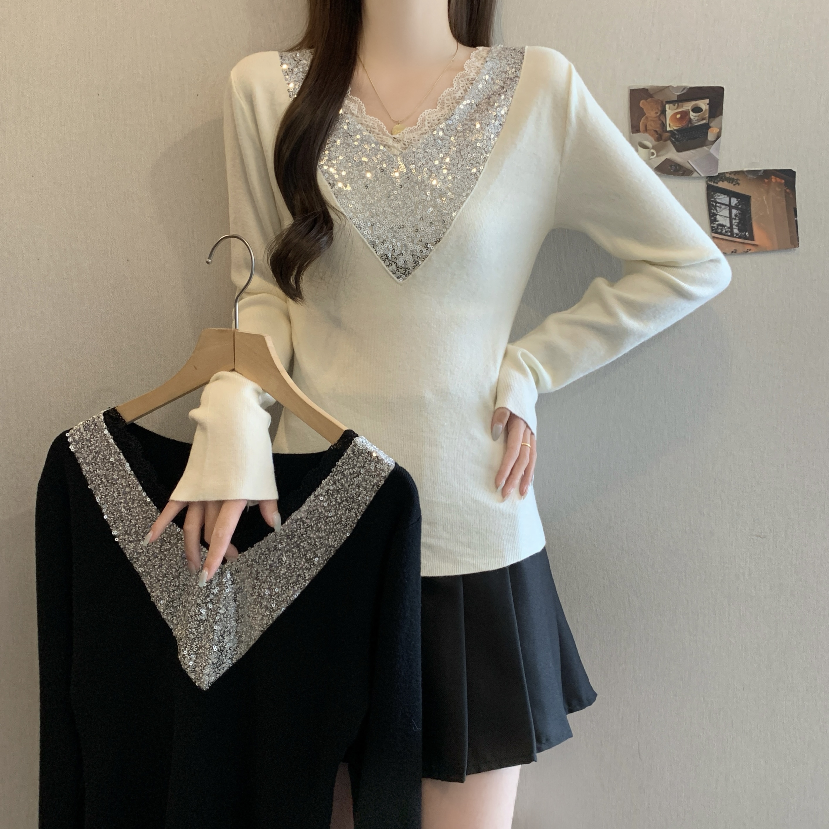 重工亮片V领长袖针织衫女秋季设计感独特别致减龄上衣服  服裝批發女裝批發服飾貨源