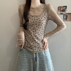 批发韩系减龄蕾丝透视打底衫爱心圆领<b class='q'>背心</b>两件套早秋新款叠穿修身套装