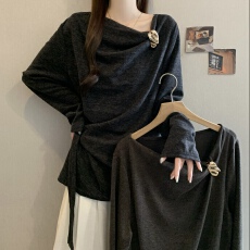 批发大码荡领不规则修身T恤女<b class='q'>秋</b>冬微胖mm显瘦时尚打底衫内搭正肩上衣