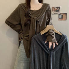 批发大码女2026<b class='q'>秋</b>季新款韩系百搭褶皱修身显瘦长袖T恤披肩假两件上衣