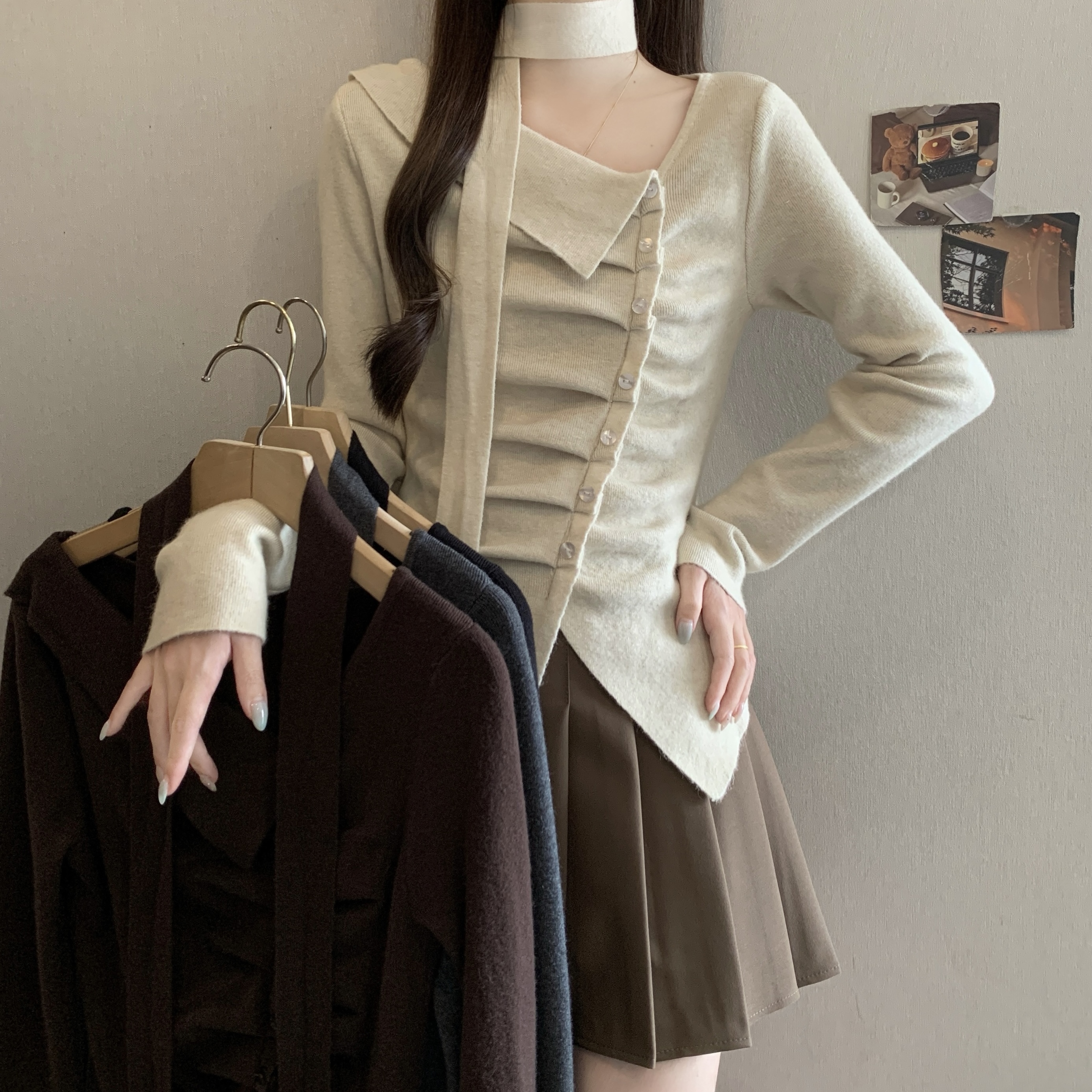 BY34426# 巨好看的斜肩上衣T恤女内搭独特漂亮早秋上衣  服裝批發女裝批發服飾貨源