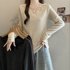批发新中式<b class='q'>镂空</b>蕾丝花边针织上衣女早秋修身内搭打底衫