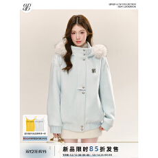 批发QDQD <b class='q'>甜美</b>可爱风蓝色连帽立领毛呢外套秋冬夹棉加厚保暖长袖上衣