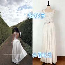 批发Lattitude/杨小鹭 amber light <b class='q'>拼接</b>大露背绑带蕾丝吊带连衣长裙