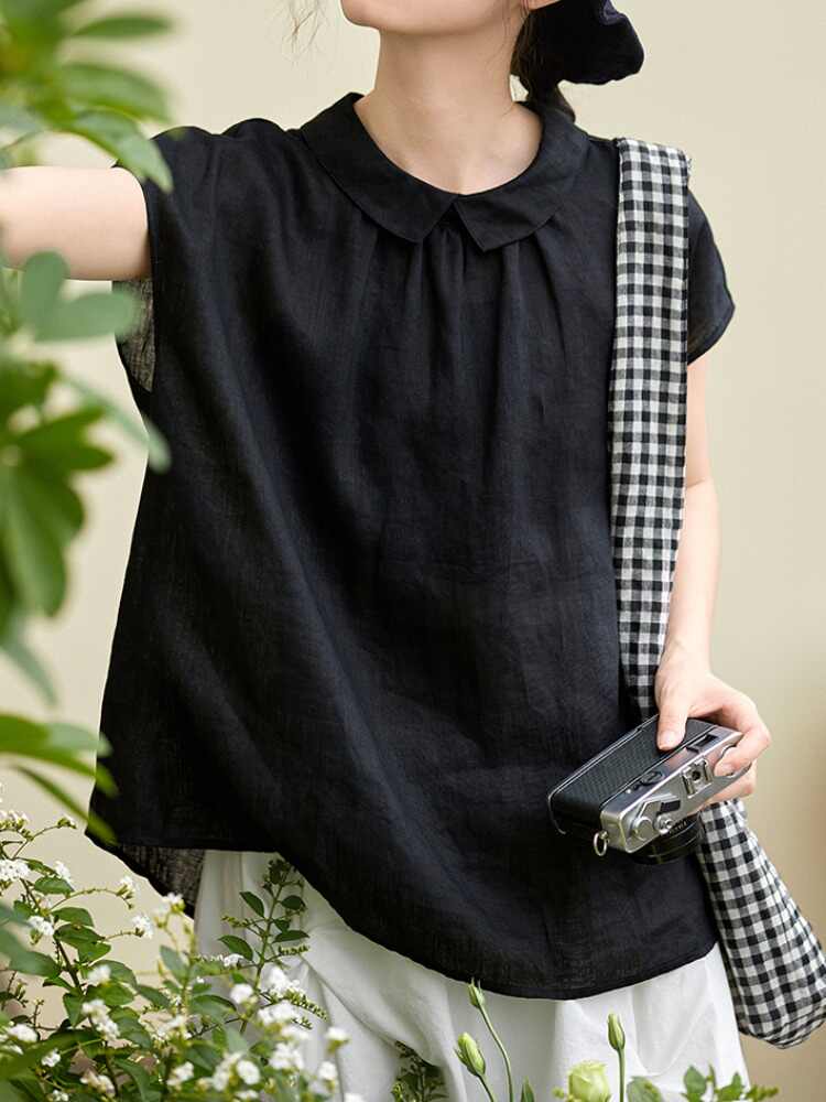 고급 검정색 양면 착용 면 린넨 여성 셔츠 여름 패션 품격 슬림해 보이는 풀오버 작은 셔츠 아마 폴로 칼라 맨위