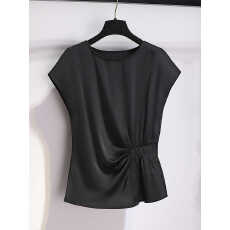 批发黑色醋酸面料短袖女夏薄款轻奢高级感小衫2026新款女人味缎面上衣
