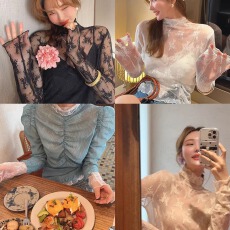 批发智英欧尼<b class='q'>韩国</b>东大门代购半高领内搭蕾丝打底衫网纱上衣高级感春秋