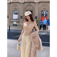 批发加绒 大也池交叉V领提花<b class='q'>蕾丝</b>衫女纯欲性感修身显瘦长袖打底衫上衣