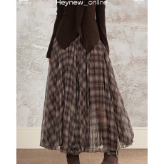 批发现貨 复古格纹网纱不规则半身裙女秋季<b class='q'>显瘦</b>垂坠层次感中长裙