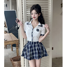 批发辣妹学院风蓝色格纹制服套装女新款韩系制服jk两件套衬衫短裙女