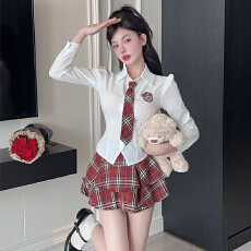 批发美式学院风套装jk制服衬衫工作服可爱甜美红格子半裙两件套<b class='q'>秋</b>季
