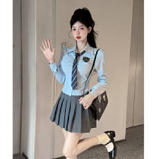 批发纯欲收腰蓝色领带<b class='q'>衬衫</b>长袖上衣高腰百褶半裙秋季jk制服学院风套装