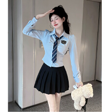 批发学院风套装<b class='q'>女</b>秋季新款长袖<b class='q'>衬衫</b>百褶裙韩系jk制服甜辣妹两件套裙子