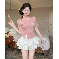 批发工作服套装女2025国风刺绣洋气立领新中式盘扣紧身短袖t恤两件套