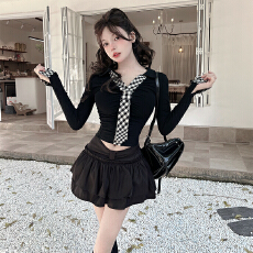 批发纯欲辣妹格纹领长袖t恤女秋季性感收腰上衣高腰半身a字短裙套装