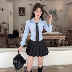 批发学院风jk制服套装女秋季蓝衬衫女长袖衬衣百褶裙两件套