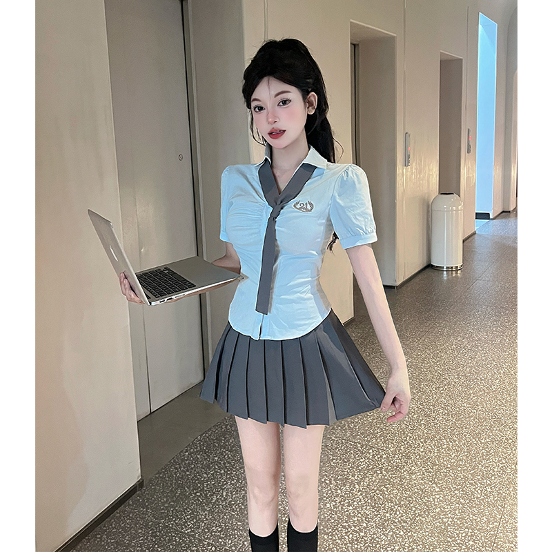 학원 스타일 jk 유니폼 순수한 욕망 핫걸 주름 몸매 가꾸기 연령 감소 슬림해 보이는 허리 수축 셔츠 하이웨이스트 플리츠 치마 세트 여름