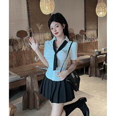 批发夏季jk制服套装女学院风甜美设计感气质短袖上衣高腰<b class='q'>半身裙</b>两件套
